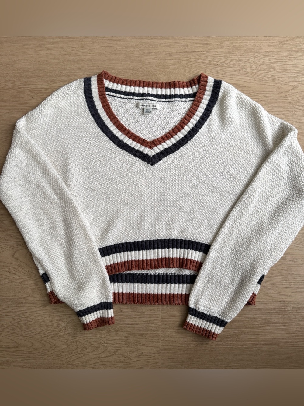 American Eagle Cropped Varsity Stripe V-Neck Knit Sweater - Size S